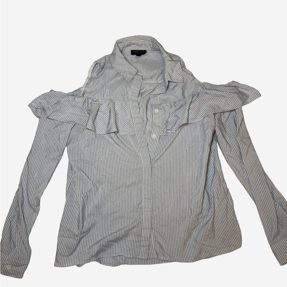 Topshop Navy and White Ruffle Blouse